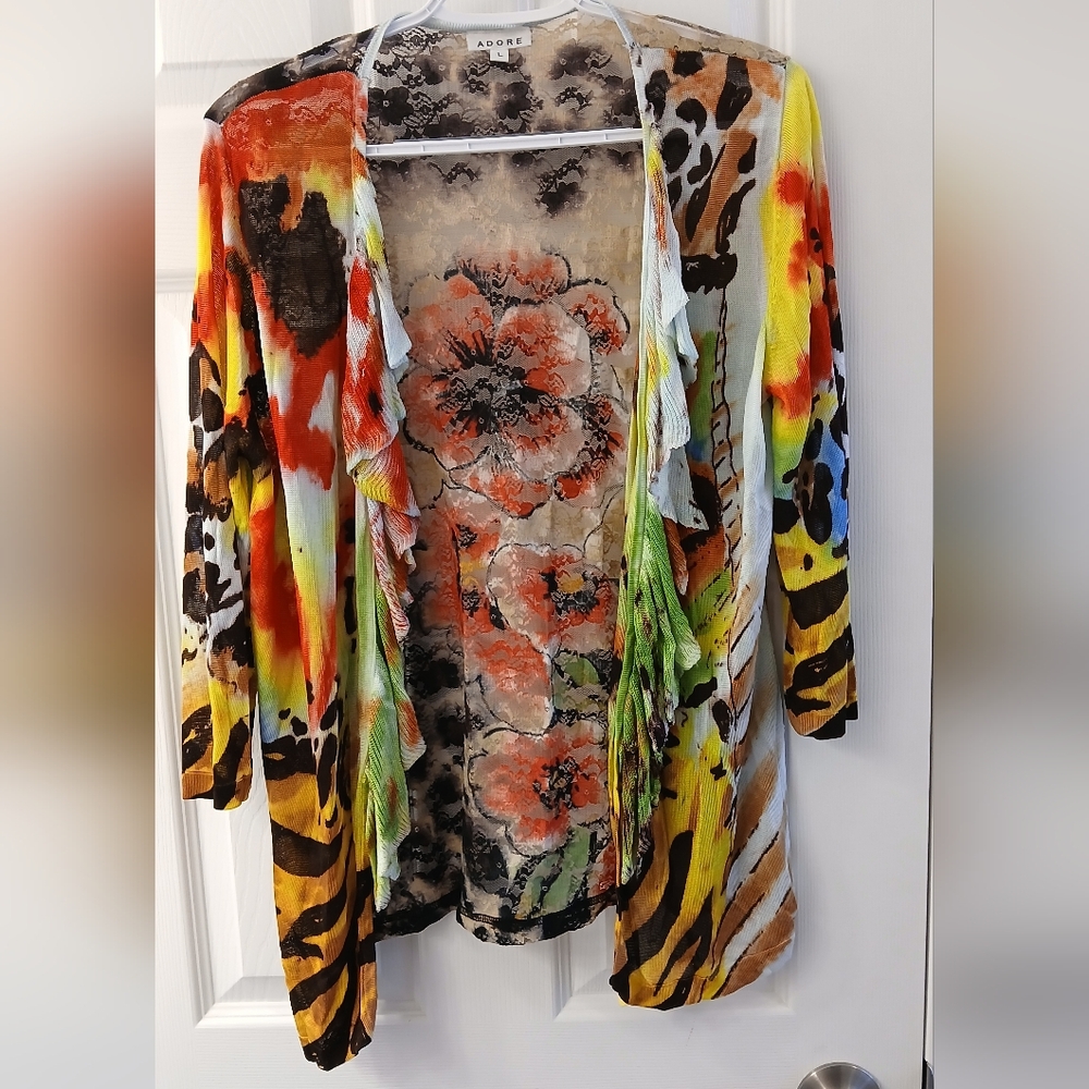 ADORE Bold Print Lace-Back Cardigan – Size Large